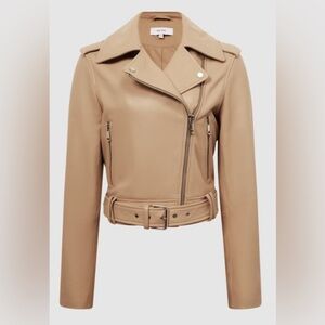 REISS Tyler Leather Biker Jacket in Neutral Size 6 New